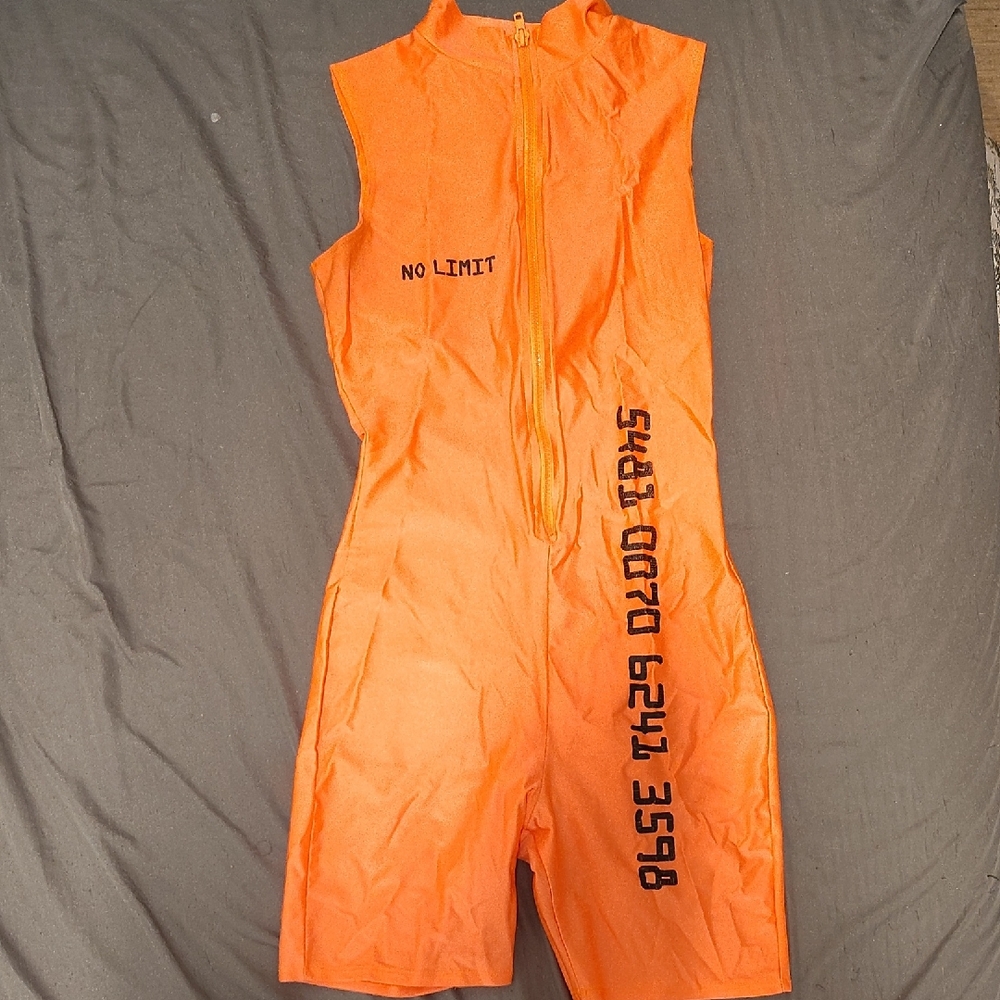 Orange Sleeveless Jumpsuit with Black Text